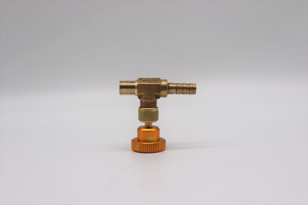 Válvula de latão, tipo agulha, para manômetro de coluna líquida.