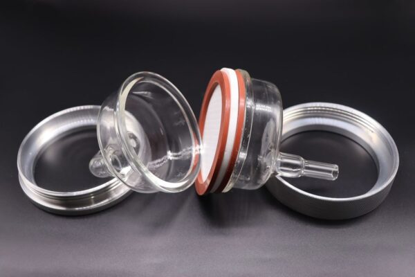 Porta-filtro completo, 110mm, vidro borossilicato, pontas retas, suporte alumínio, placa Teflon, juntas de vedação.